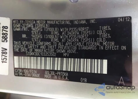 2012 Toyota Sienna Le V6 8 Passenger z USA, uszkodzony, nr VIN 5TDKK3DC1CS253502